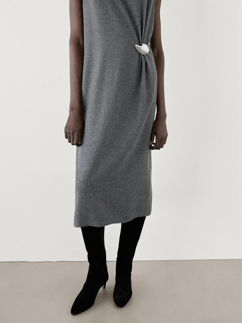 Massimo Dutti Midi With Brooch Detail Women Dress Grey | US-AO5109284