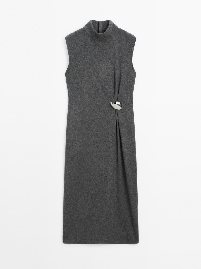 Massimo Dutti Midi With Brooch Detail Women Dress Grey | US-AO5109284