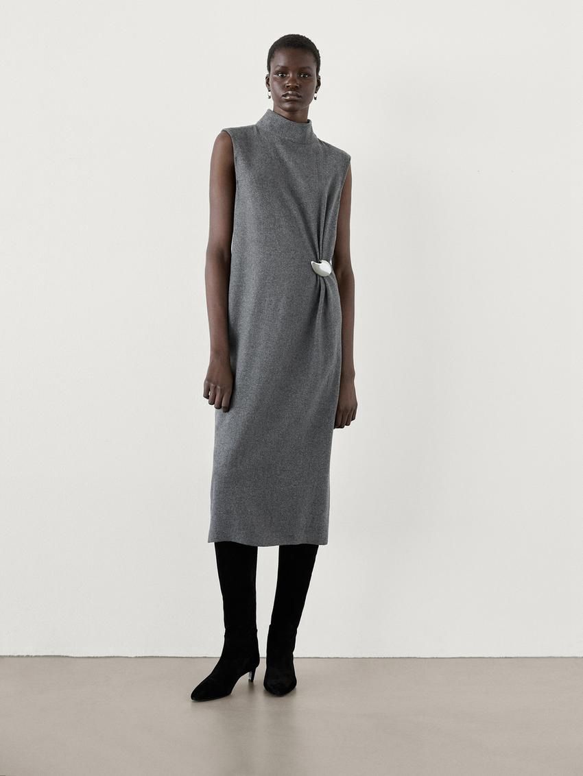 Massimo Dutti Midi With Brooch Detail Women Dress Grey | US-AO5109284