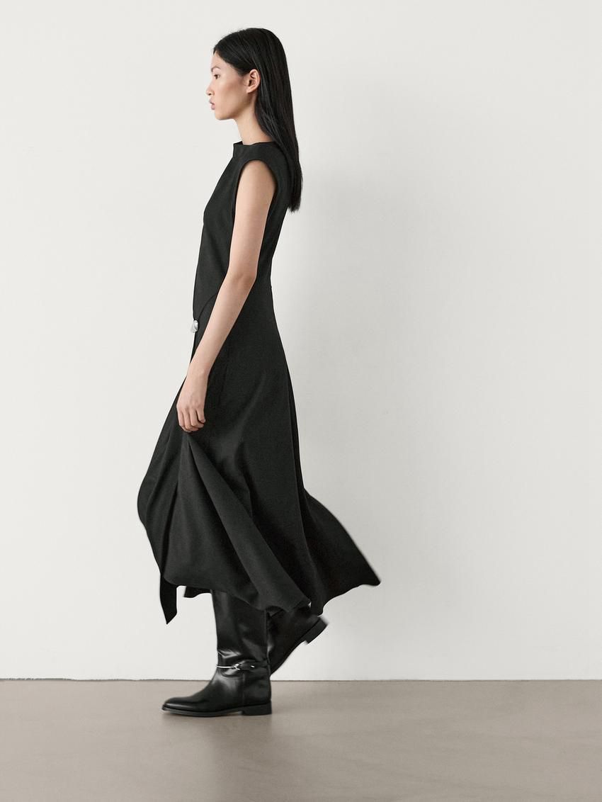 Massimo Dutti Midi With Brooch Detail Women Dress Black | US-TK1754086