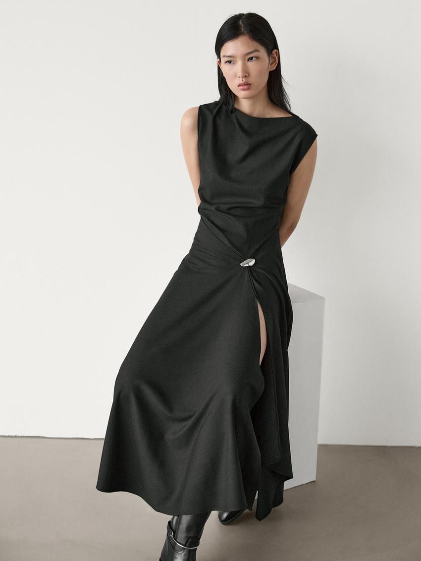 Massimo Dutti Midi With Brooch Detail Women Dress Black | US-TK1754086