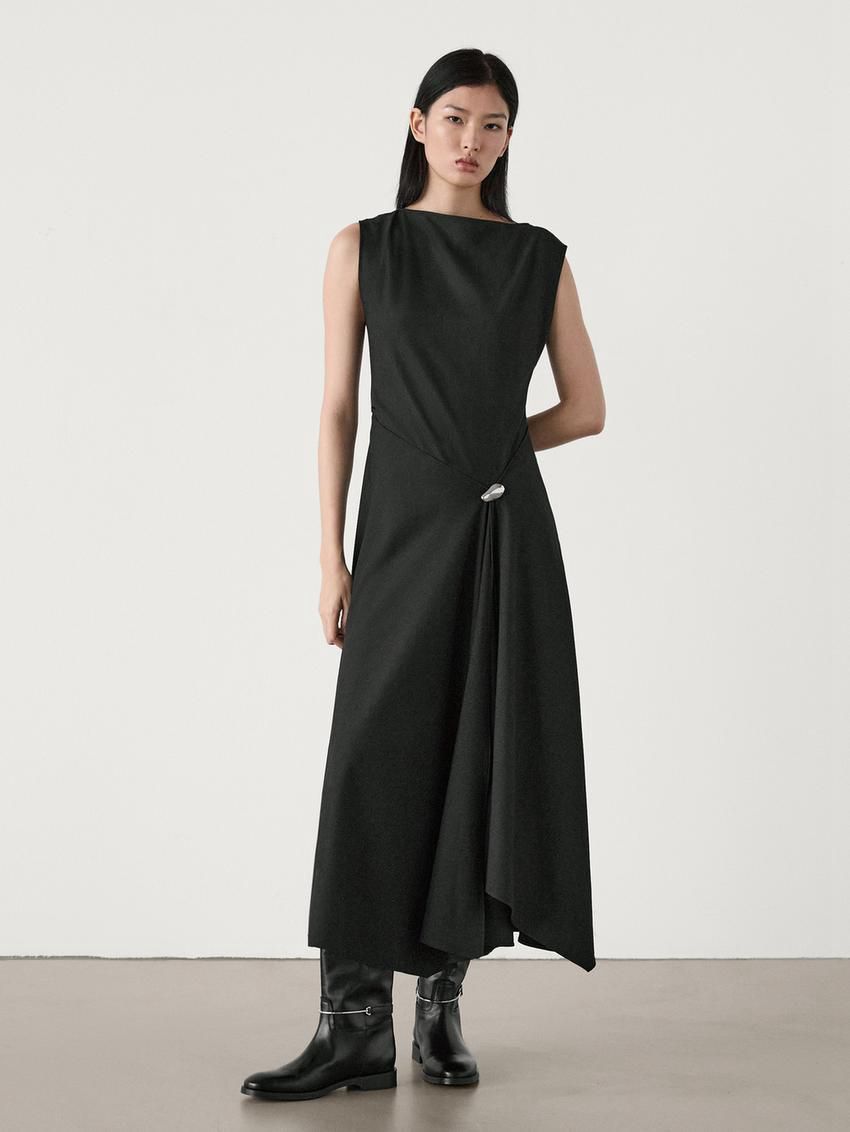 Massimo Dutti Midi With Brooch Detail Women Dress Black | US-TK1754086