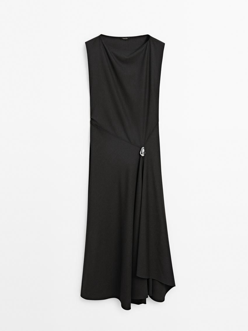 Massimo Dutti Midi With Brooch Detail Women Dress Black | US-TK1754086