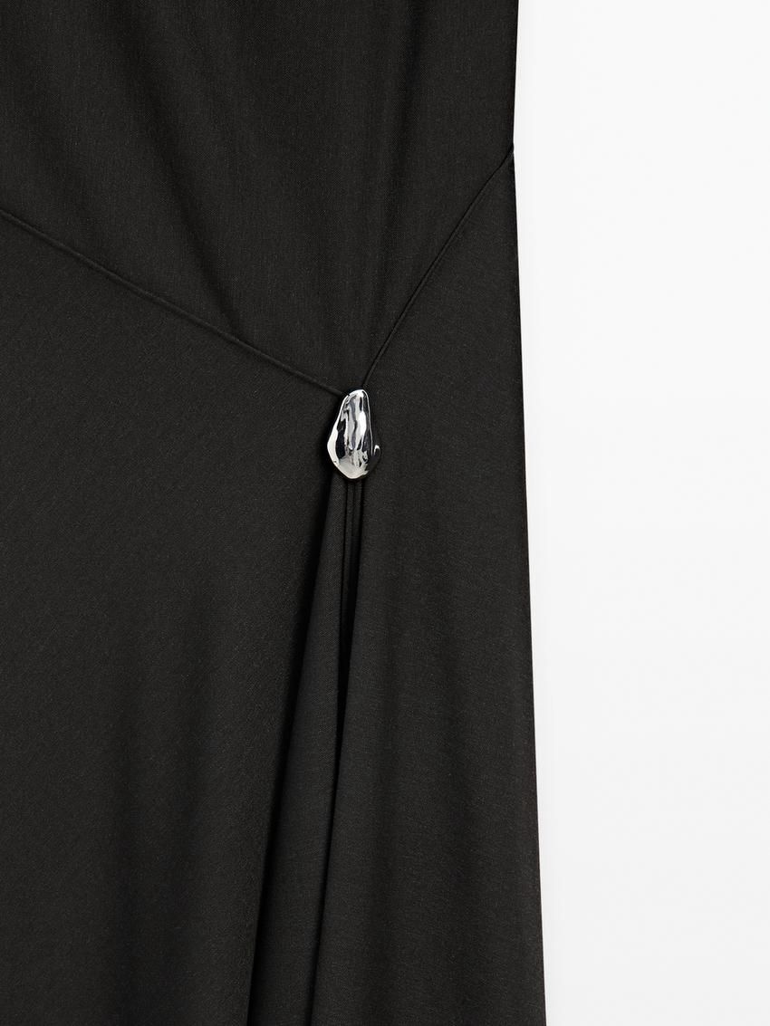 Massimo Dutti Midi With Brooch Detail Women Dress Black | US-TK1754086