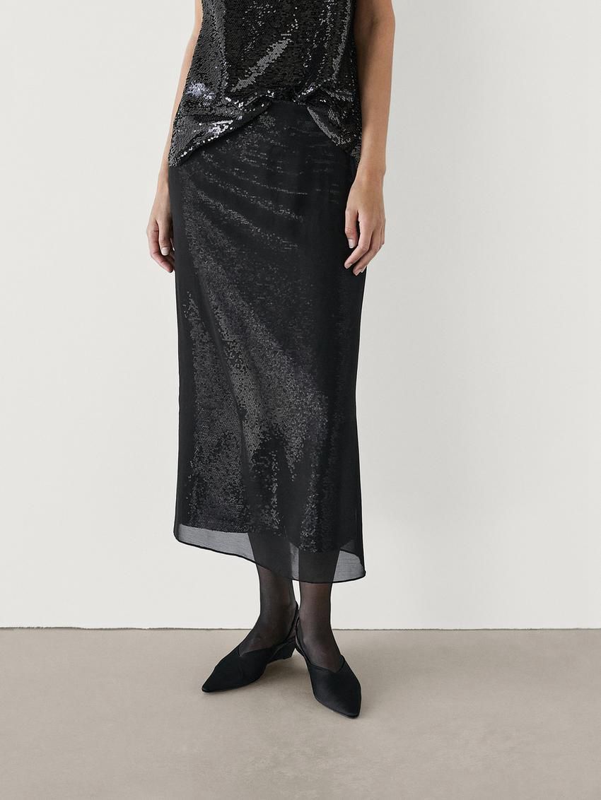 Massimo Dutti Midi With Concealed Sequins Women Skirts Black | US-NX0926875