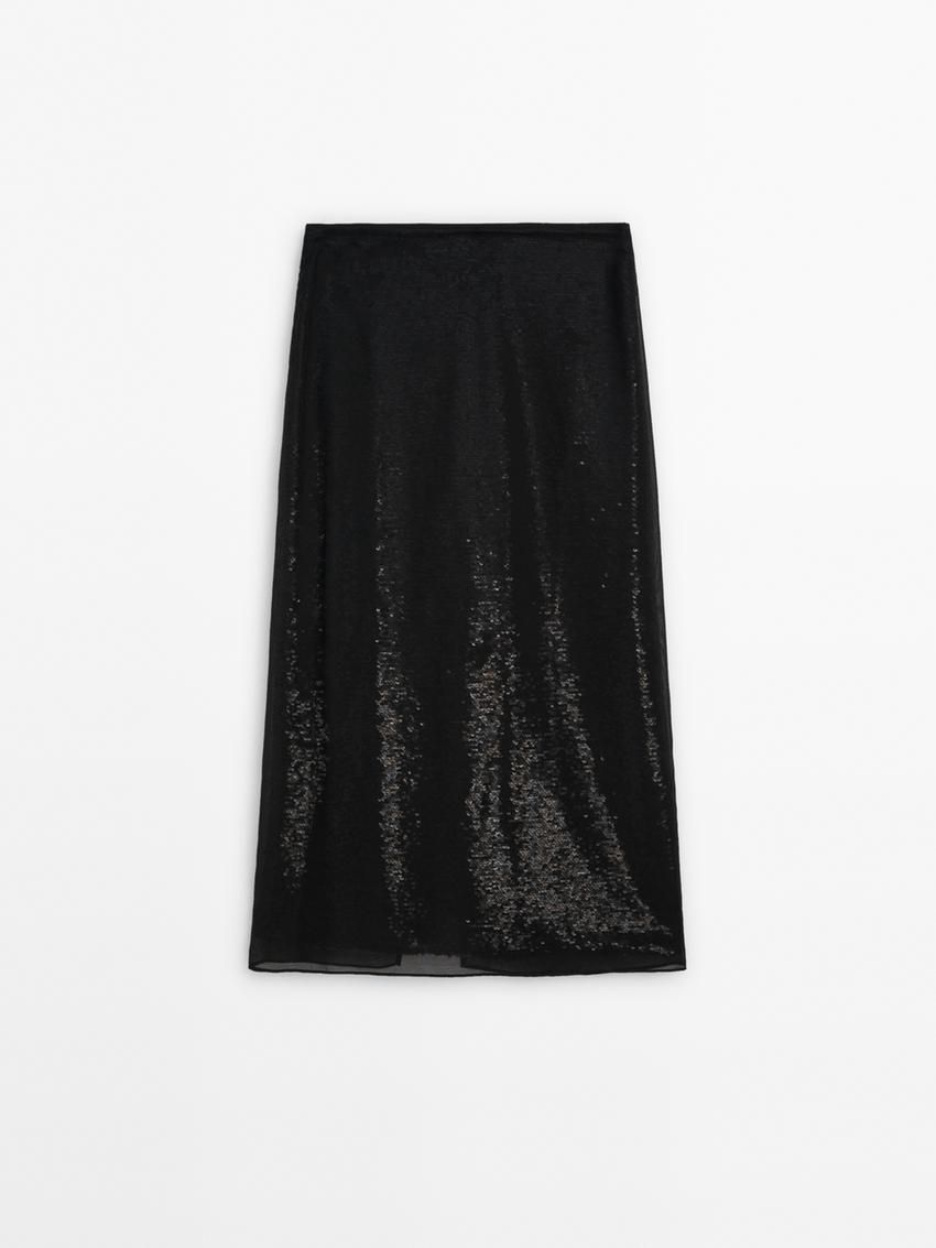 Massimo Dutti Midi With Concealed Sequins Women Skirts Black | US-NX0926875