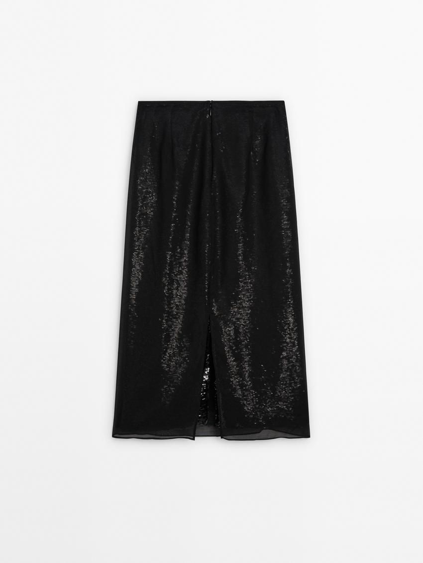 Massimo Dutti Midi With Concealed Sequins Women Skirts Black | US-NX0926875