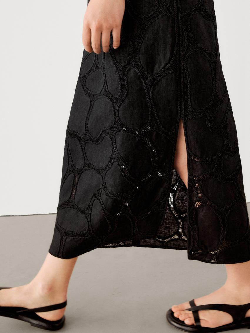Massimo Dutti Midi With Embroidered Detail Women Dress Black | US-ZL1753420
