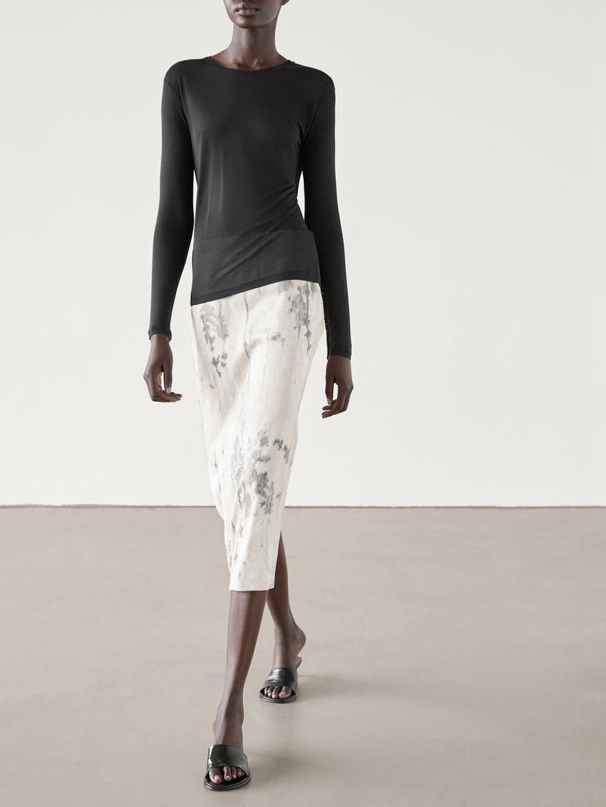 Massimo Dutti Midi With Print Detail Women Skirts Cream / Black | US-QL2497186