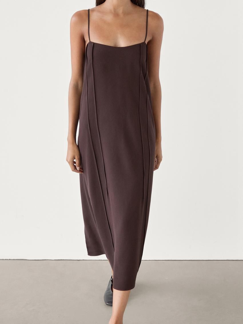Massimo Dutti Midi With Seam Details Women Dress Dark Brown | US-YE4285603