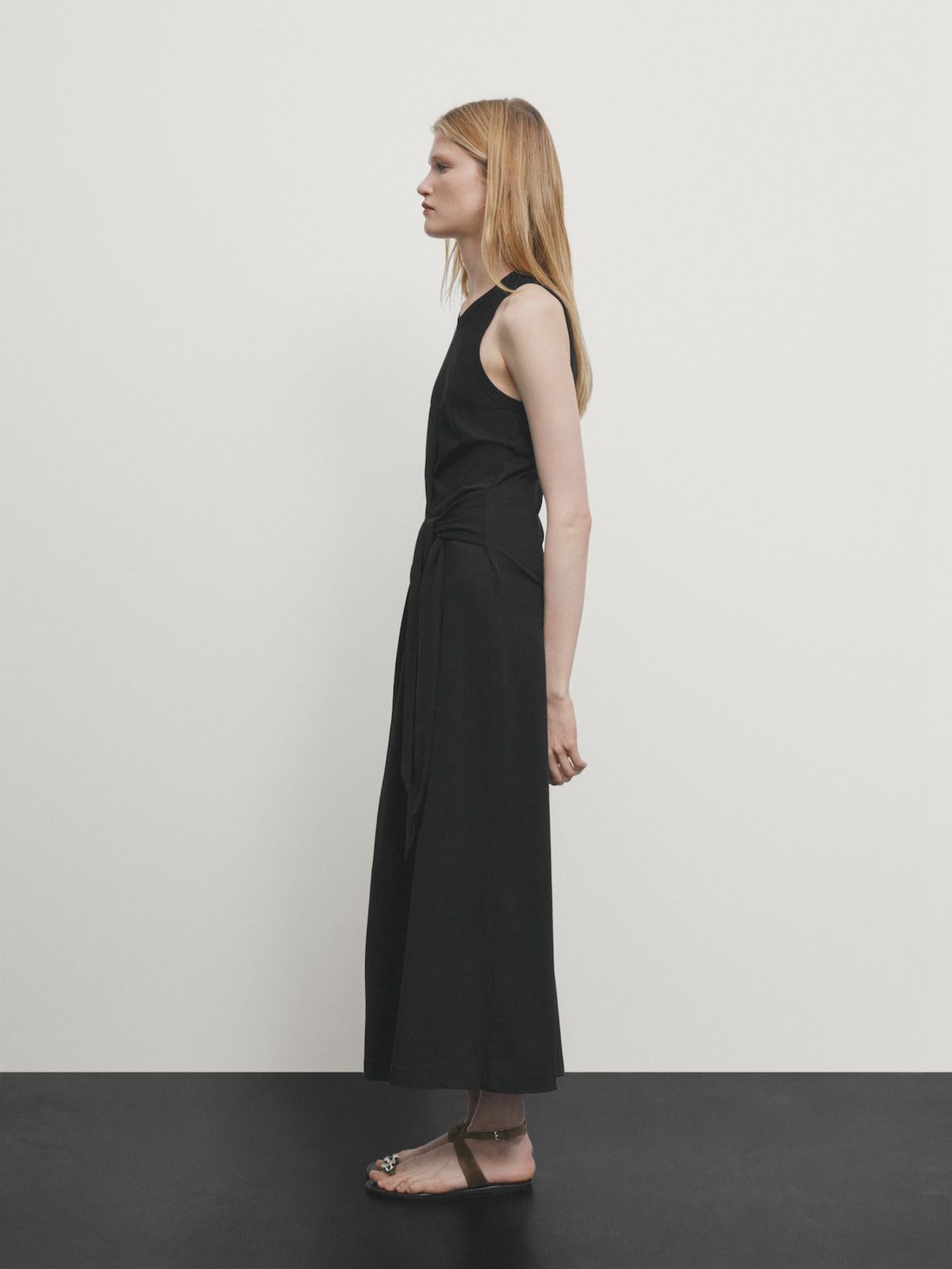Massimo Dutti Midi With Tie Detail Women Dress Black | US-MS6847230
