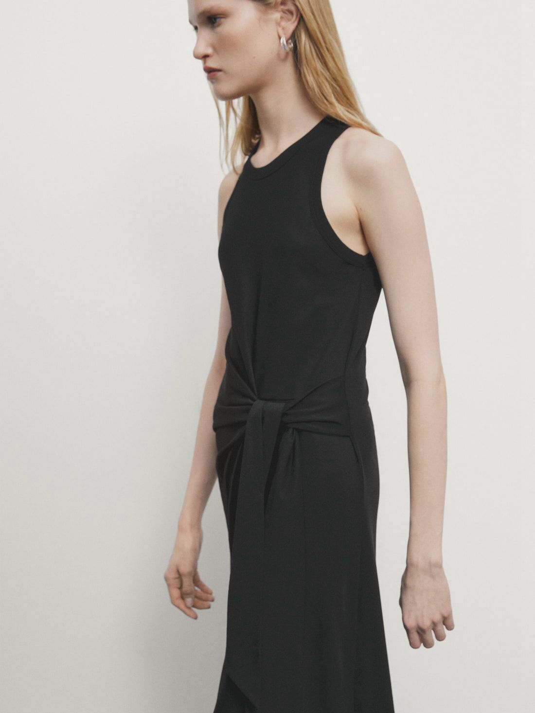 Massimo Dutti Midi With Tie Detail Women Dress Black | US-MS6847230