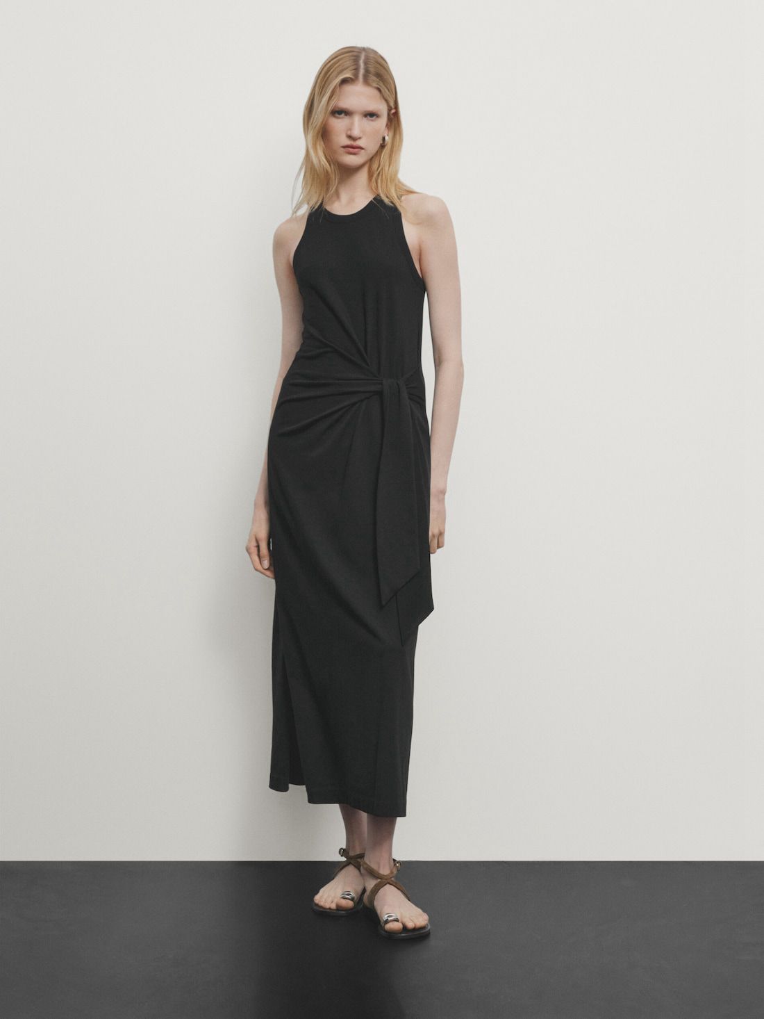 Massimo Dutti Midi With Tie Detail Women Dress Black | US-MS6847230