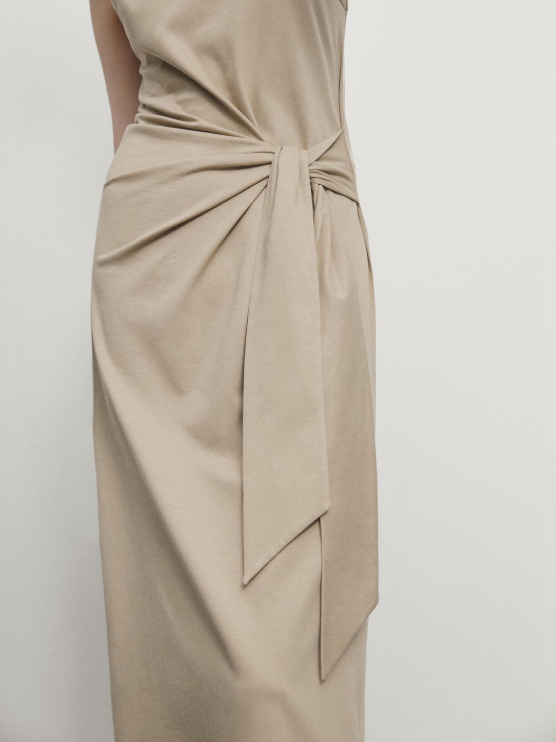 Massimo Dutti Midi With Tie Detail Women Dress Beige | US-EZ7582140