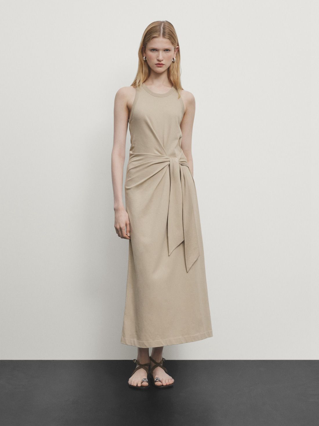 Massimo Dutti Midi With Tie Detail Women Dress Beige | US-EZ7582140
