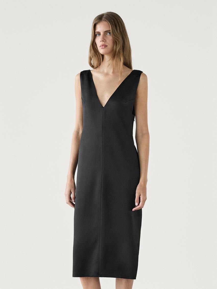 Massimo Dutti Midi With V-neckline Women Dress Black | US-EL4273165