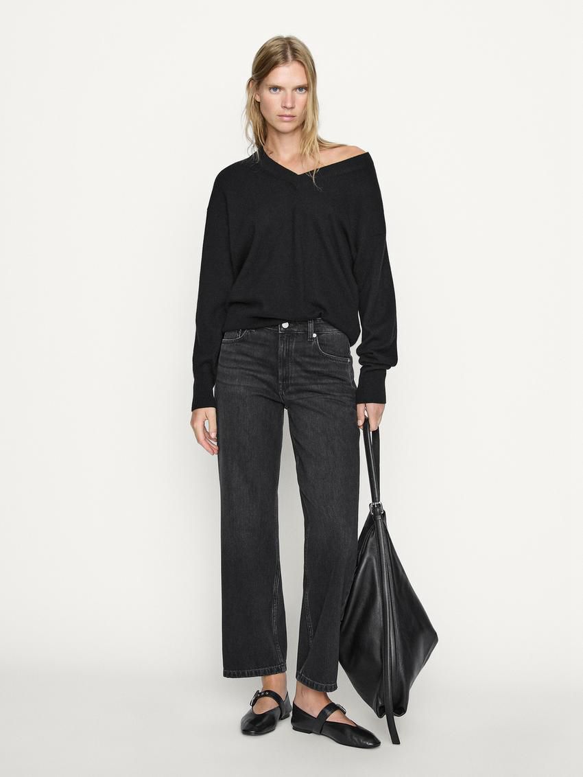 Massimo Dutti Mid-rise Straight-leg Regular Length Women Jeans Black | US-XY6791843