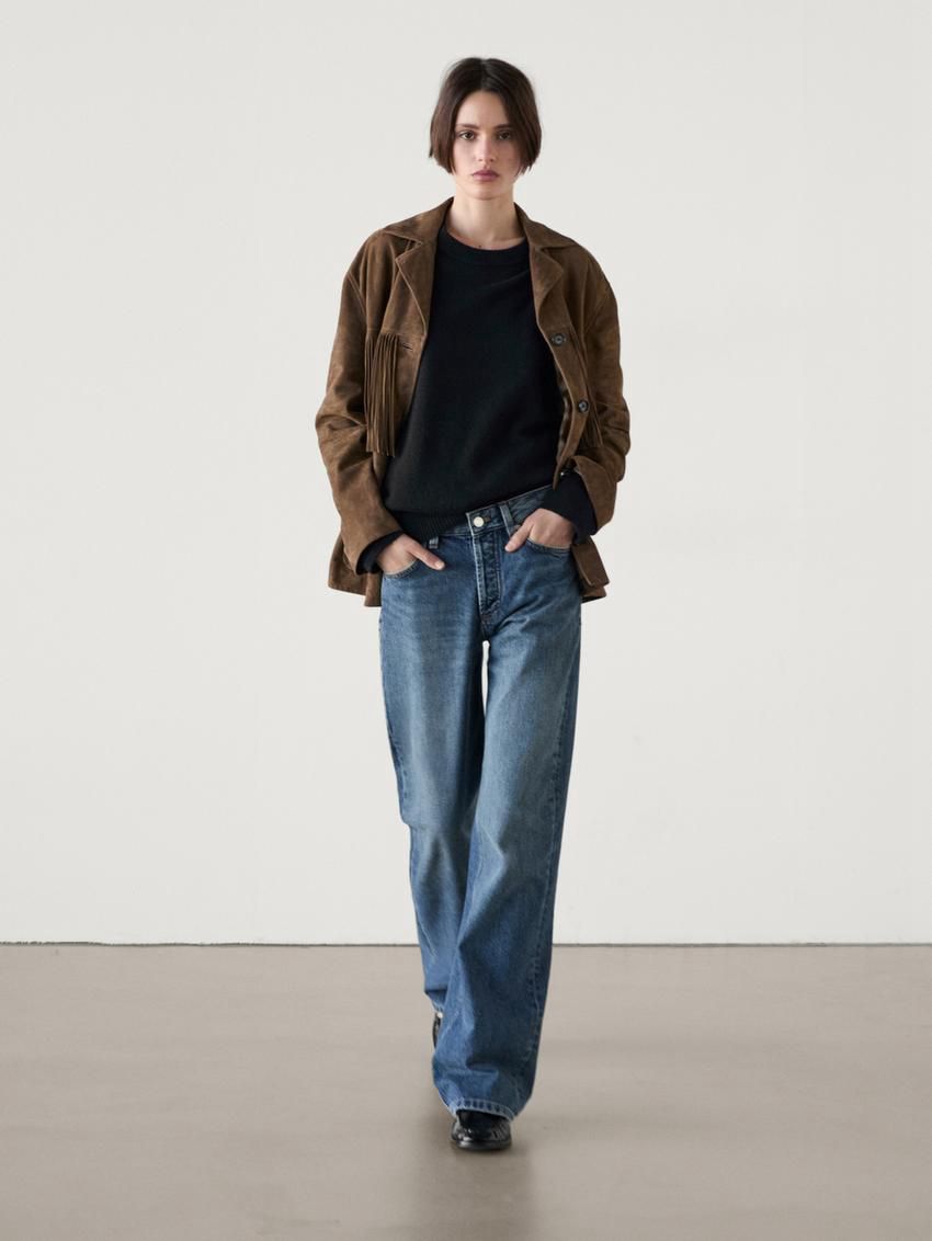 Massimo Dutti Mid-rise Wide-leg Full Length Women Jeans Blue | US-BV6408321