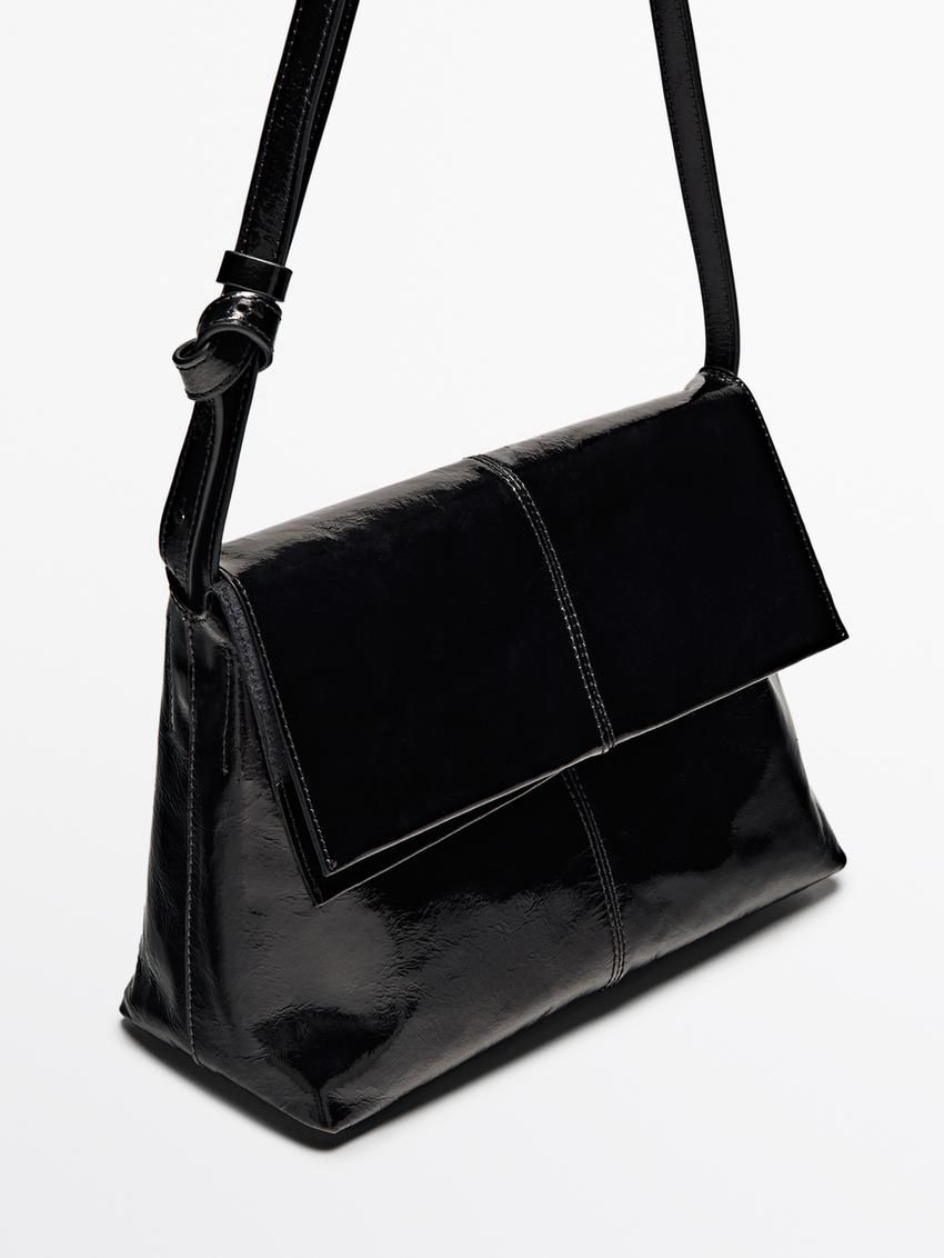 Massimo Dutti Mini Flap In Crackled Nappa Leather Women Handbag Black | US-JM0689247