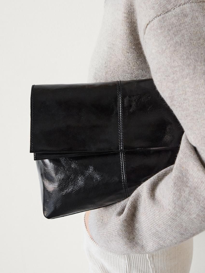 Massimo Dutti Mini Flap In Crackled Nappa Leather Women Handbag Black | US-JM0689247