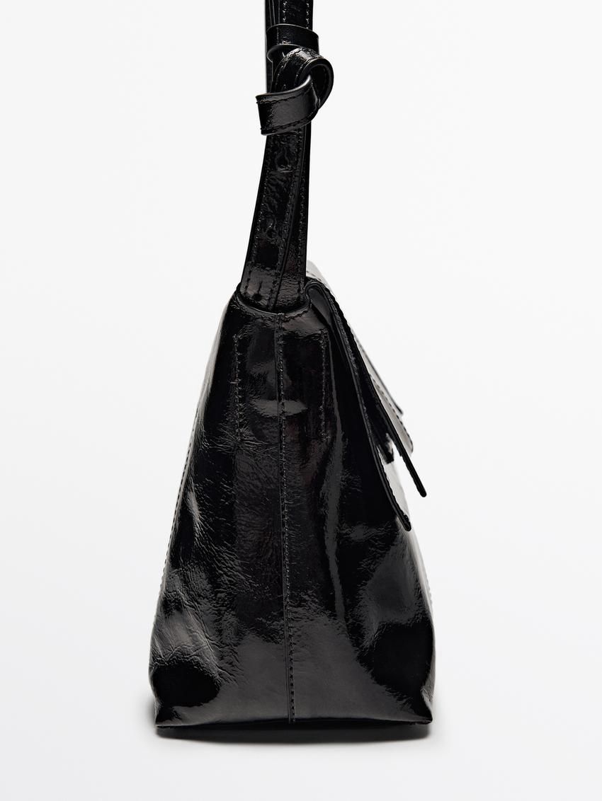 Massimo Dutti Mini Flap In Crackled Nappa Leather Women Handbag Black | US-JM0689247