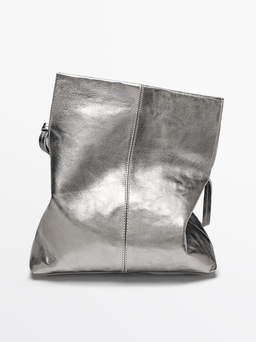 Massimo Dutti Mini Flap In Crackled Nappa Leather Women Handbag Silver | US-KZ7294138