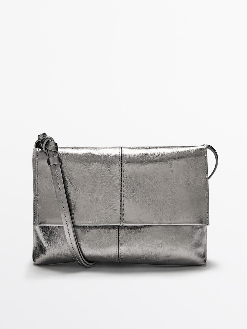 Massimo Dutti Mini Flap In Crackled Nappa Leather Women Handbag Silver | US-KZ7294138