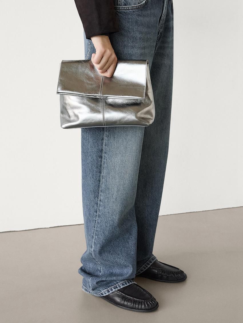 Massimo Dutti Mini Flap In Crackled Nappa Leather Women Handbag Silver | US-KZ7294138