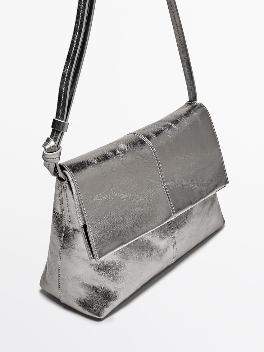 Massimo Dutti Mini Flap In Crackled Nappa Leather Women Handbag Silver | US-KZ7294138
