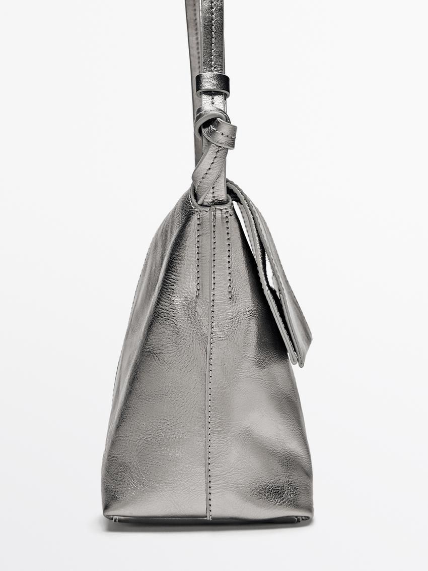 Massimo Dutti Mini Flap In Crackled Nappa Leather Women Handbag Silver | US-KZ7294138
