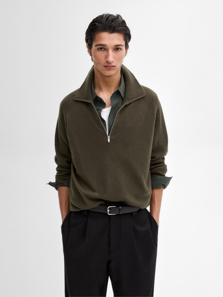 Massimo Dutti Mock Neck Knit Men Sweater Dark Khaki | US-XE9504236