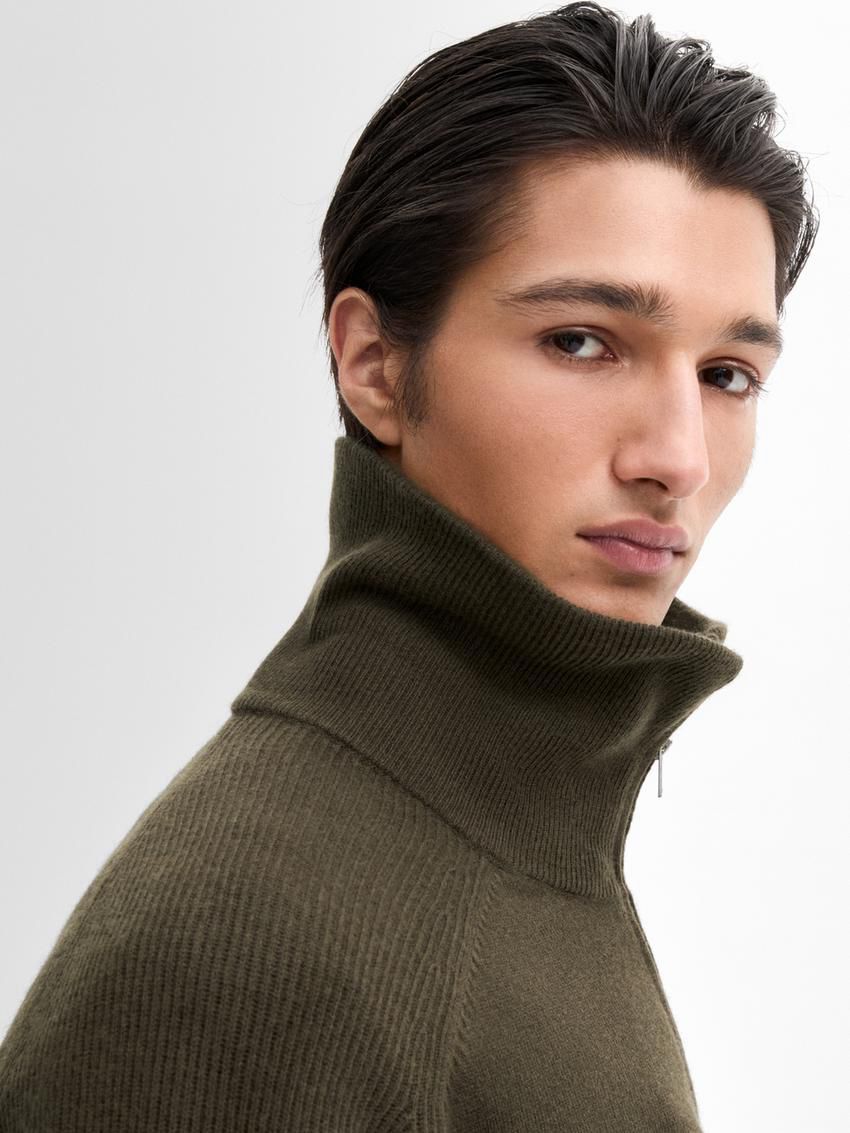 Massimo Dutti Mock Neck Knit Men Sweater Dark Khaki | US-XE9504236