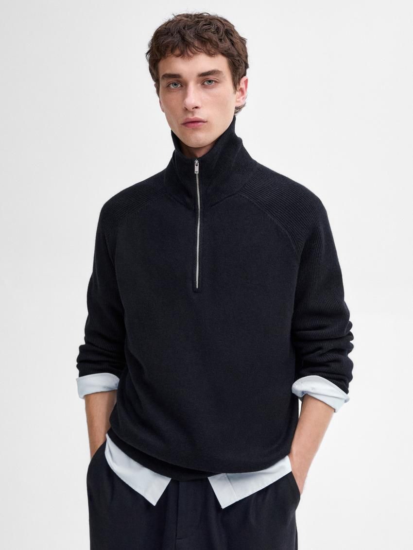 Massimo Dutti Mock Neck Knit Men Sweater Navy | US-XE1097486