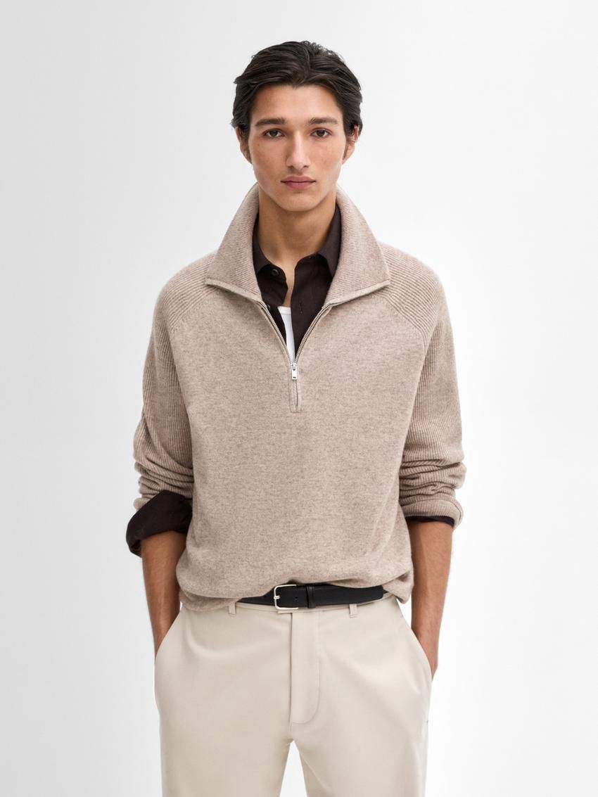 Massimo Dutti Mock Neck Knit Men Sweater Brown Beige | US-RG3162845