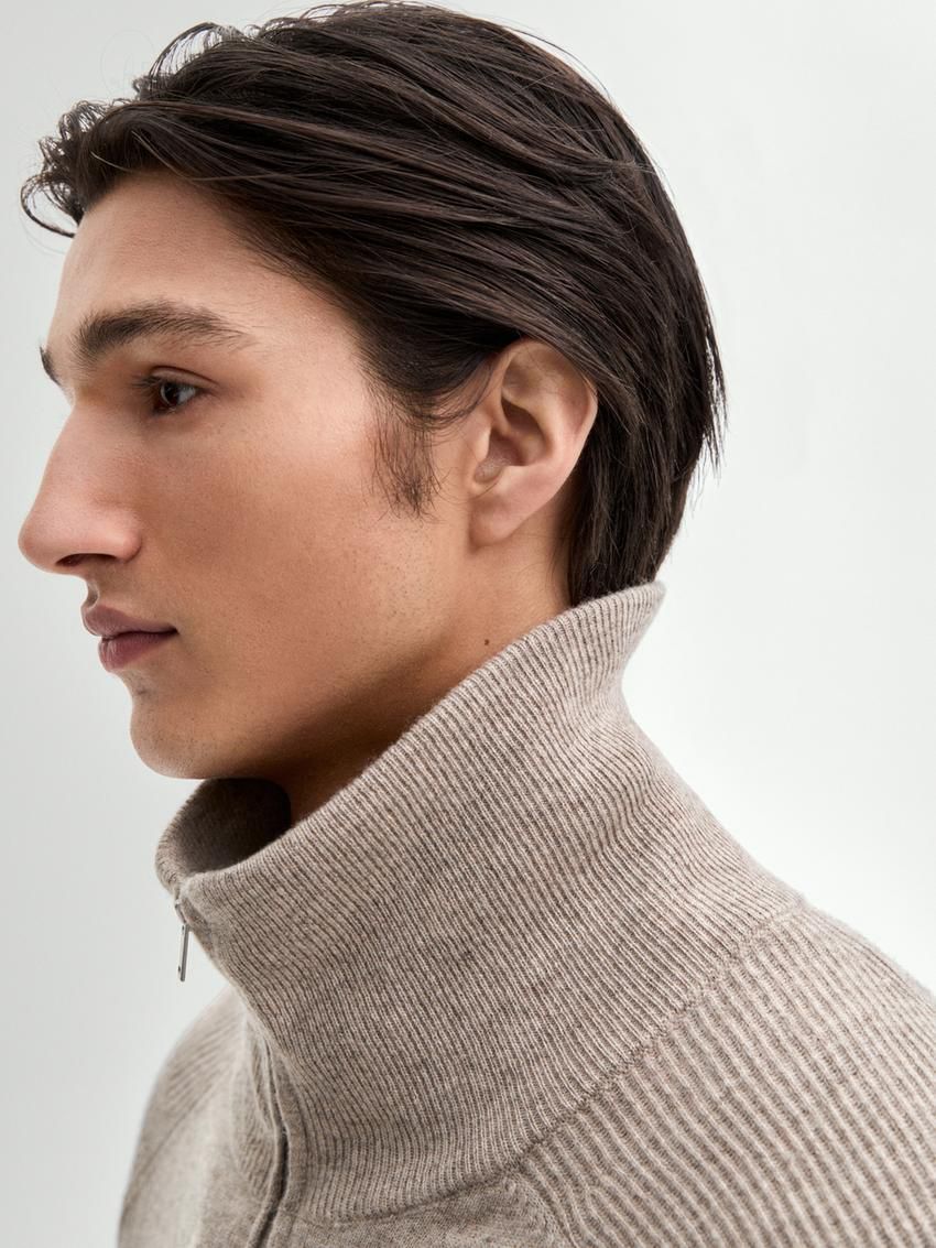 Massimo Dutti Mock Neck Knit Men Sweater Brown Beige | US-RG3162845