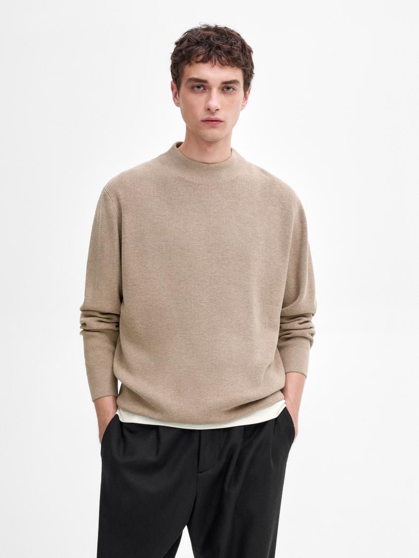 Massimo Dutti Mock Turtleneck Knit Men Sweater Brown Beige | US-ZT0536918