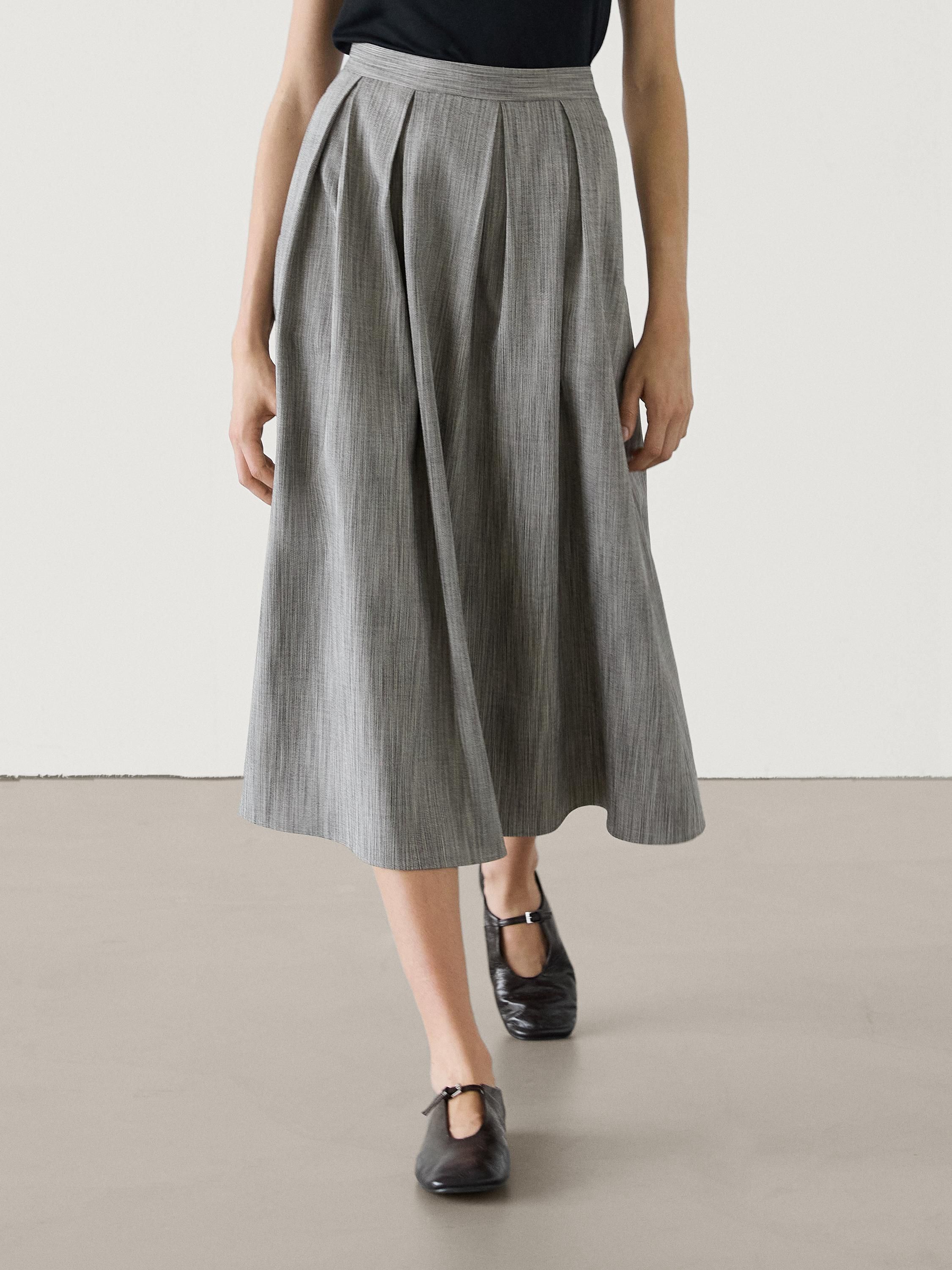 Massimo Dutti Mottled Fabric Midi With Box Pleats Women Skirts Grey | US-HU6752094