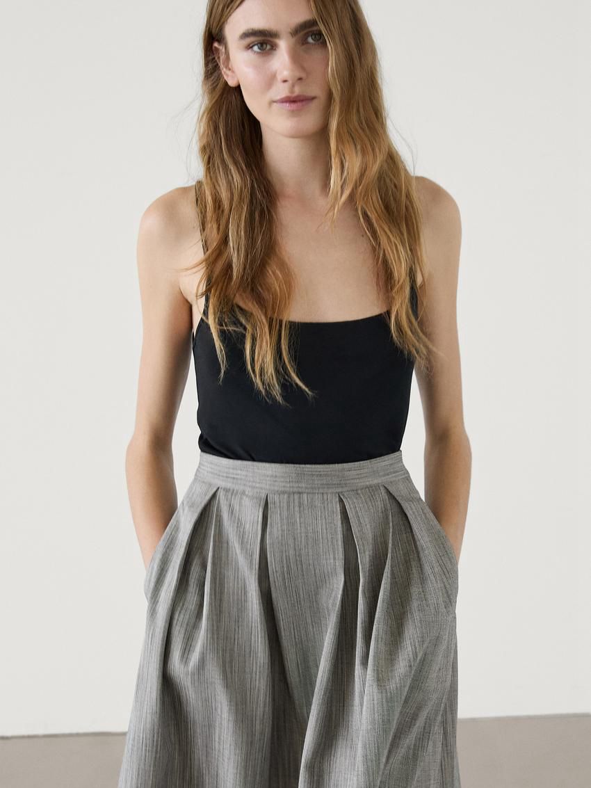 Massimo Dutti Mottled Fabric Midi With Box Pleats Women Skirts Grey | US-HU6752094