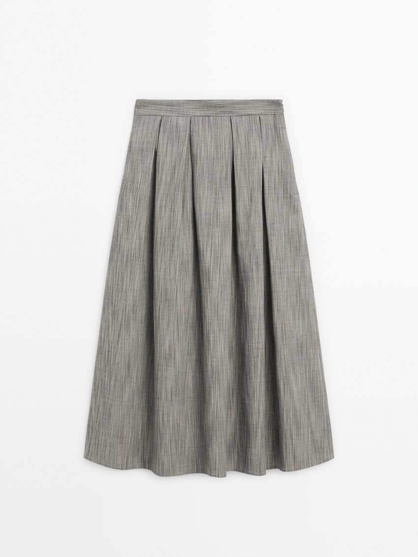 Massimo Dutti Mottled Fabric Midi With Box Pleats Women Skirts Grey | US-HU6752094