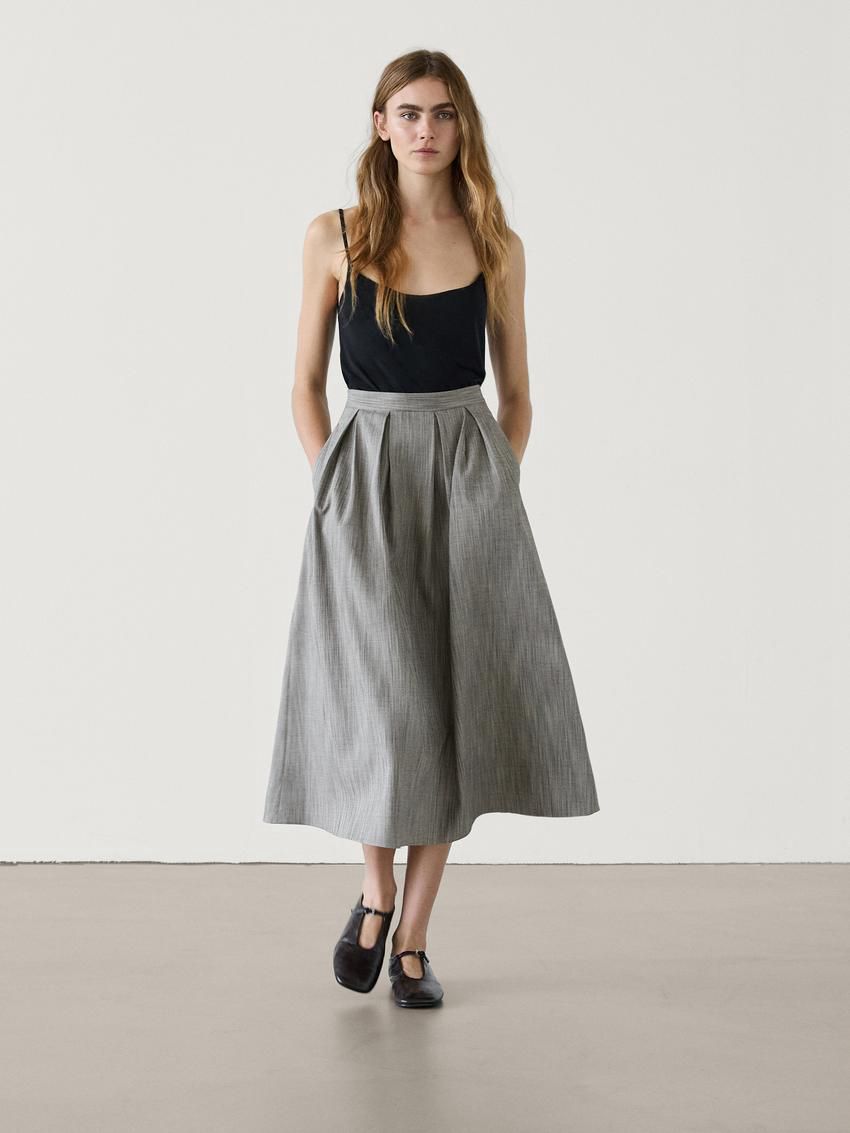 Massimo Dutti Mottled Fabric Midi With Box Pleats Women Skirts Grey | US-HU6752094