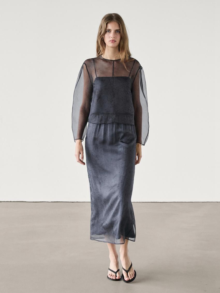 Massimo Dutti Mulberry Silk Organza Midi Women Skirts Dark Blue | US-UV6704839