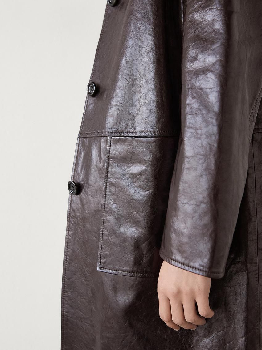 Massimo Dutti Nappa Leather Creased-effect Women Coat Dark Brown | US-BZ1752640
