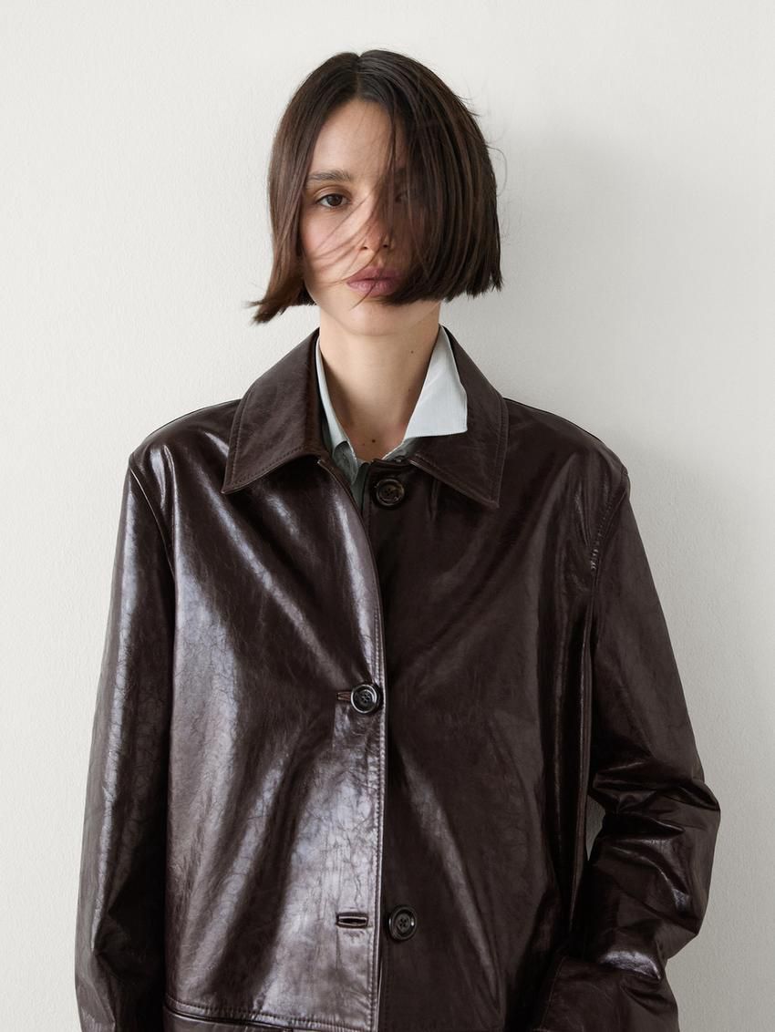 Massimo Dutti Nappa Leather Creased-effect Women Coat Dark Brown | US-BZ1752640