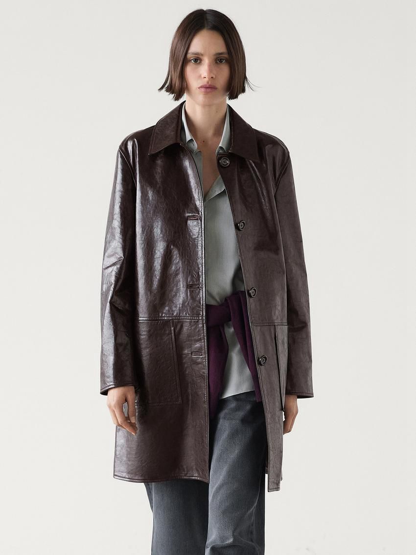Massimo Dutti Nappa Leather Creased-effect Women Coat Dark Brown | US-BZ1752640