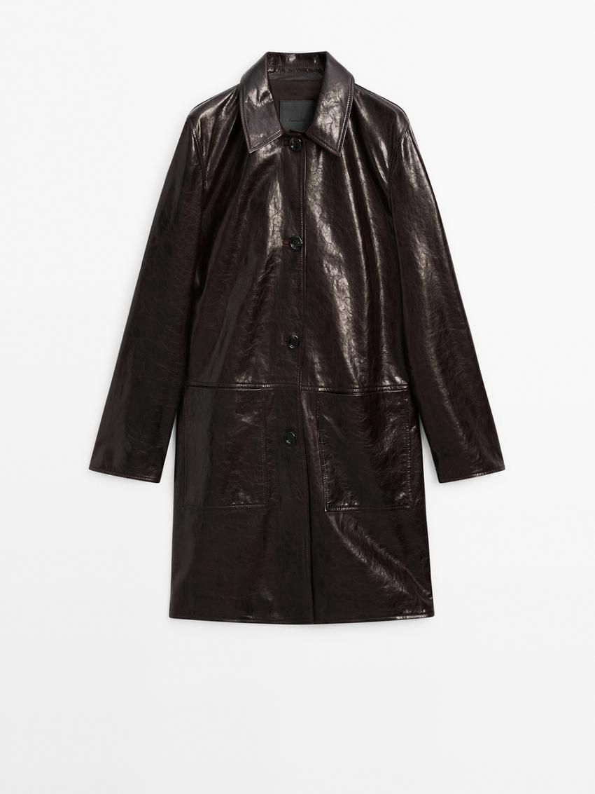 Massimo Dutti Nappa Leather Creased-effect Women Coat Dark Brown | US-BZ1752640