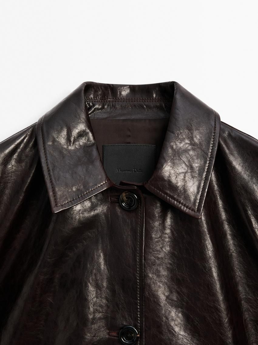 Massimo Dutti Nappa Leather Creased-effect Women Coat Dark Brown | US-BZ1752640