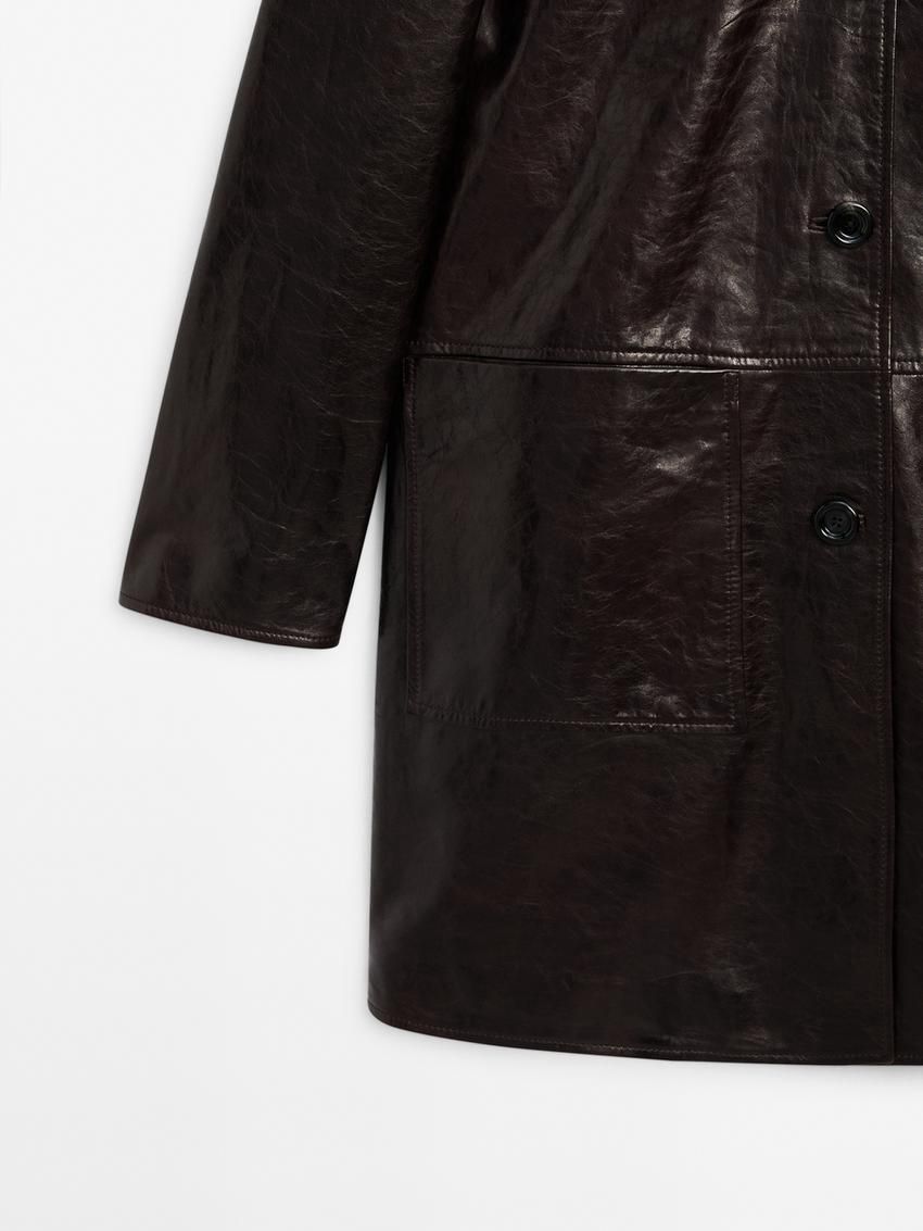 Massimo Dutti Nappa Leather Creased-effect Women Coat Dark Brown | US-BZ1752640