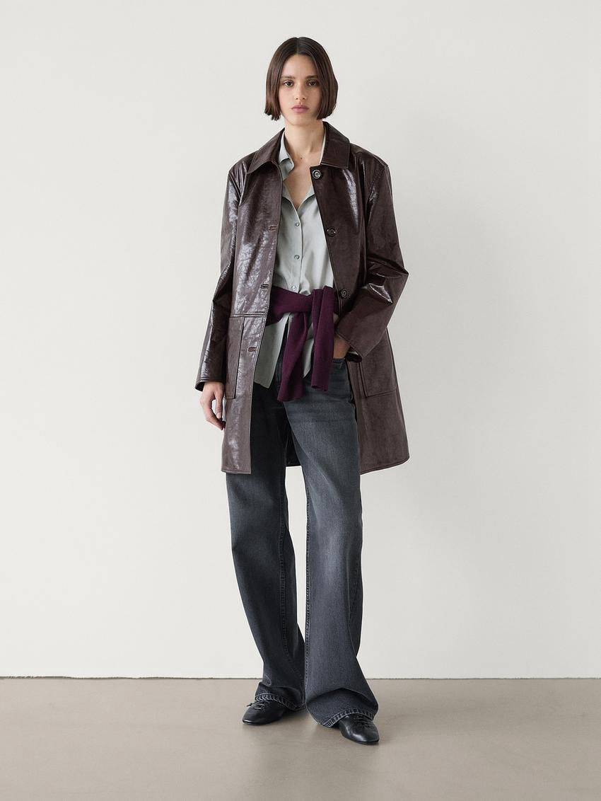 Massimo Dutti Nappa Leather Creased-effect Women Coat Dark Brown | US-BZ1752640