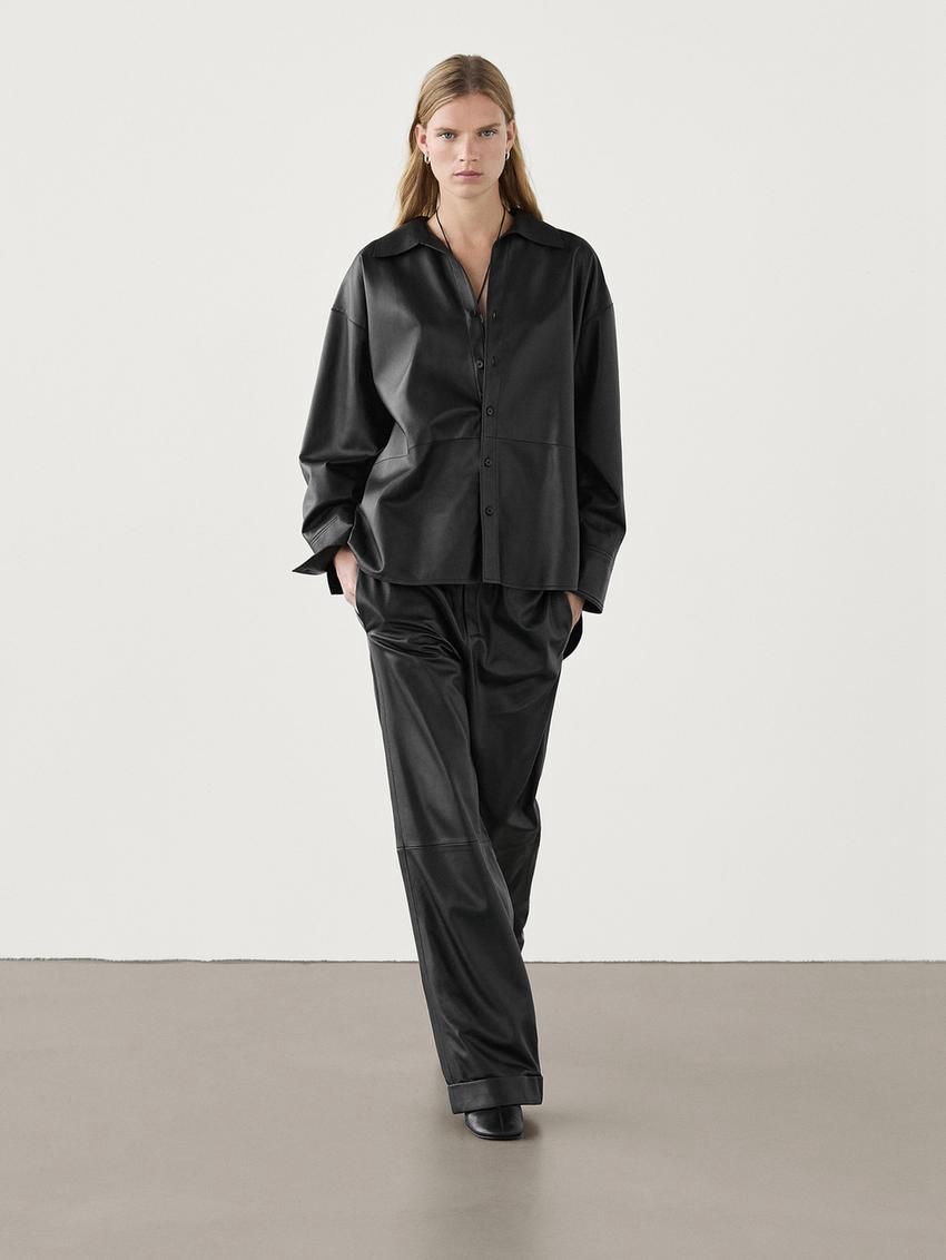 Massimo Dutti Nappa Leather Jogger Women Trousers Black | US-HO0256914