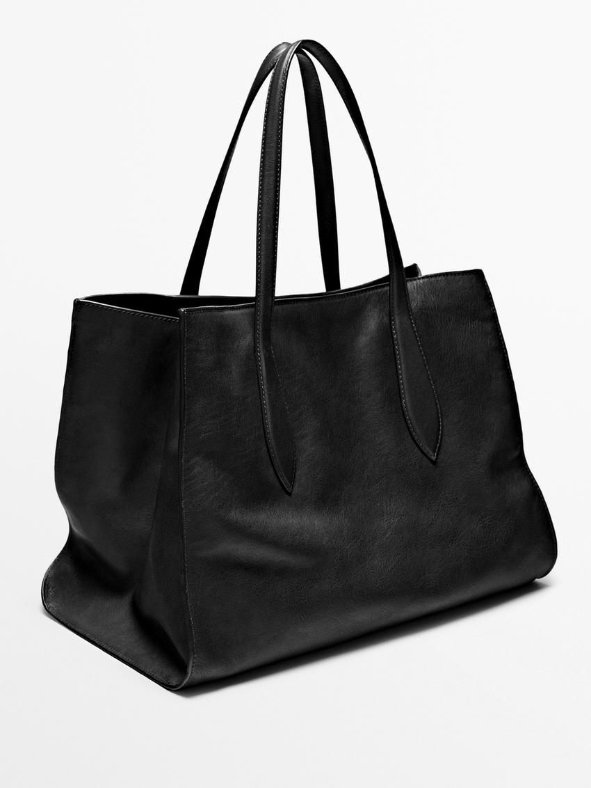 Massimo Dutti Nappa Leather Maxi Women Tote Bag Black | US-UB9612048